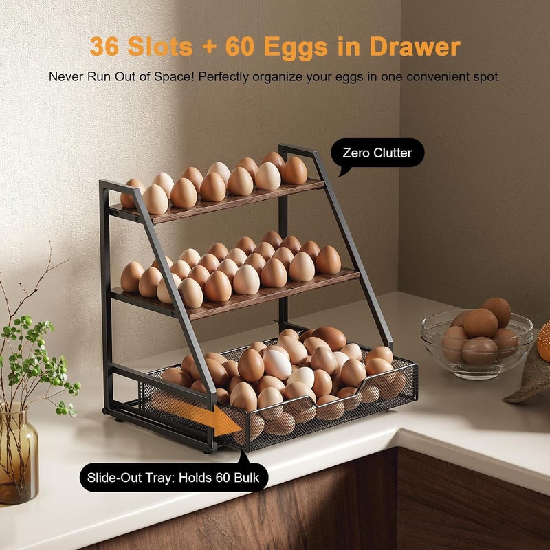 Wolera 3-Tier Wooden Fresh Egg Holder Countertop With Basket for 36+90 Eggs, Wooden Egg Holder Countertop with Carry Handle for Gathering 100+ Eggs, Duck, and Quail Eggs - Image 2